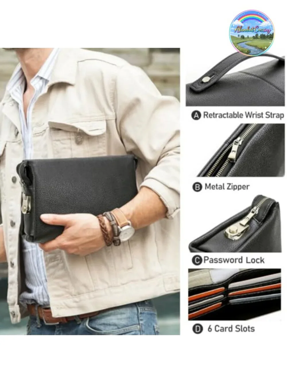 Full Grain Leather Anti-Theft Lock Clutch Bag with Handle for Men Travel Wallet